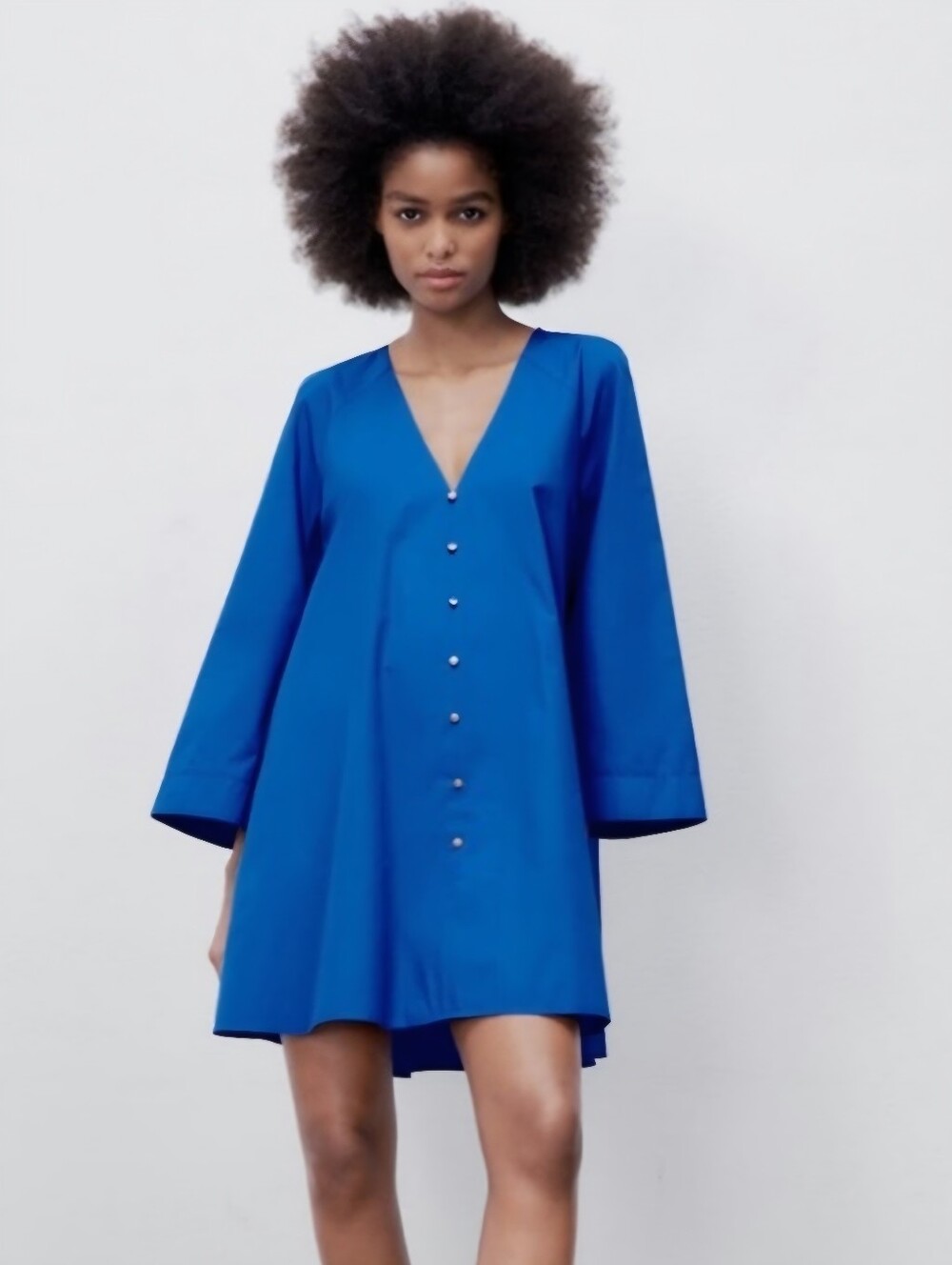 ZARA Royal Blue Voluminous Poplin Cotton Bell Sleeve Vneck Mini Dress Women's M